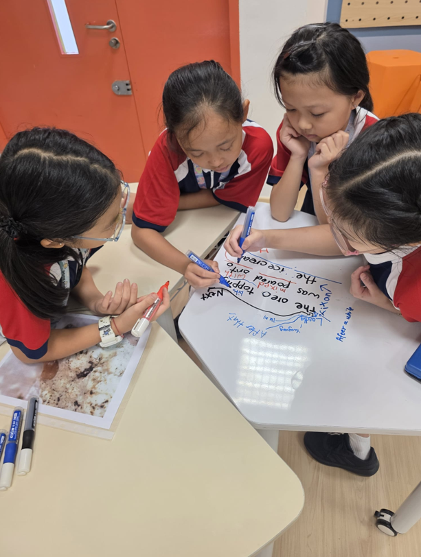 Students use specific thinking tools to give one another feedback on writable surfaces